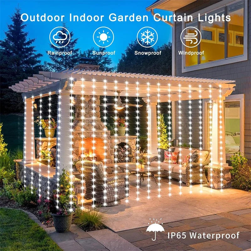 Solar LED Curtain Light Outdoor Garland Solar Fairy String Light Pavilion Garden Party Holiday Christmas Decor Copper Wire Lamps