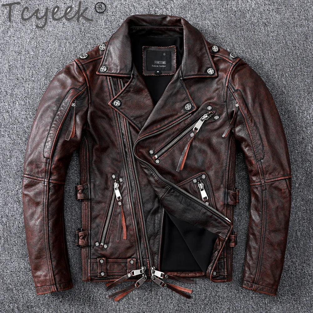 Tcyeek Streetwear Natural Real Cow Leather Coat Men Clothes 2024 Motorcycle 100% Genuine Leather Jacket Man Hommes Veste 1928