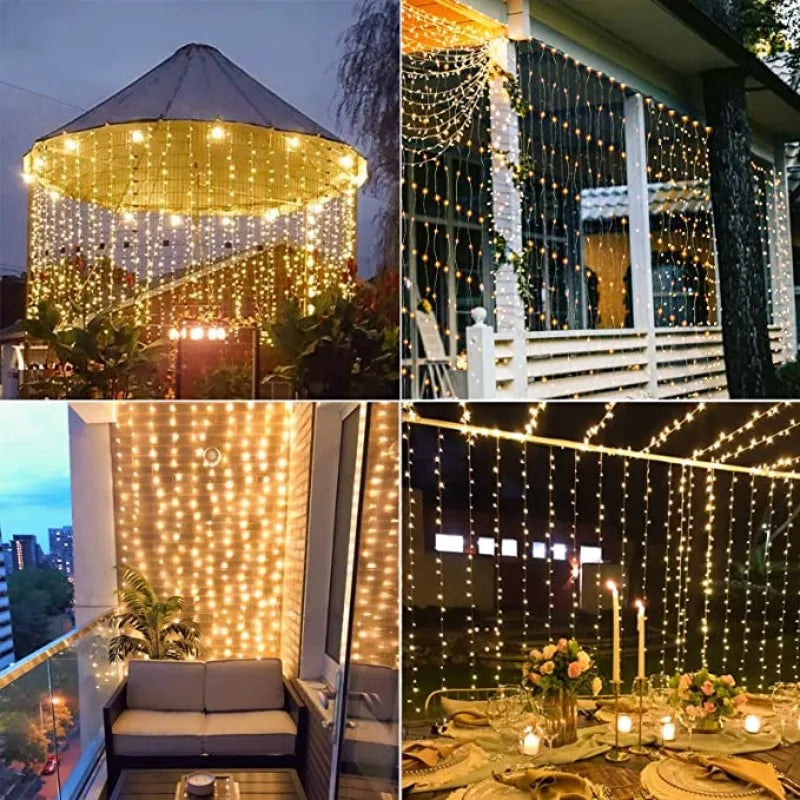 Solar LED Curtain Light Outdoor Garland Solar Fairy String Light Pavilion Garden Party Holiday Christmas Decor Copper Wire Lamps