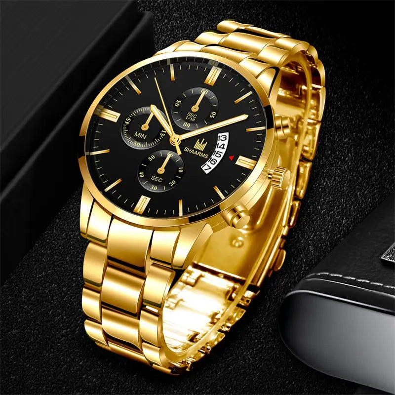 Mens Fashion Business Quartz Watch Fashion Fake Three Eye Six Pin Calendar Men Watch Stainless Steel Belt Mens Watches