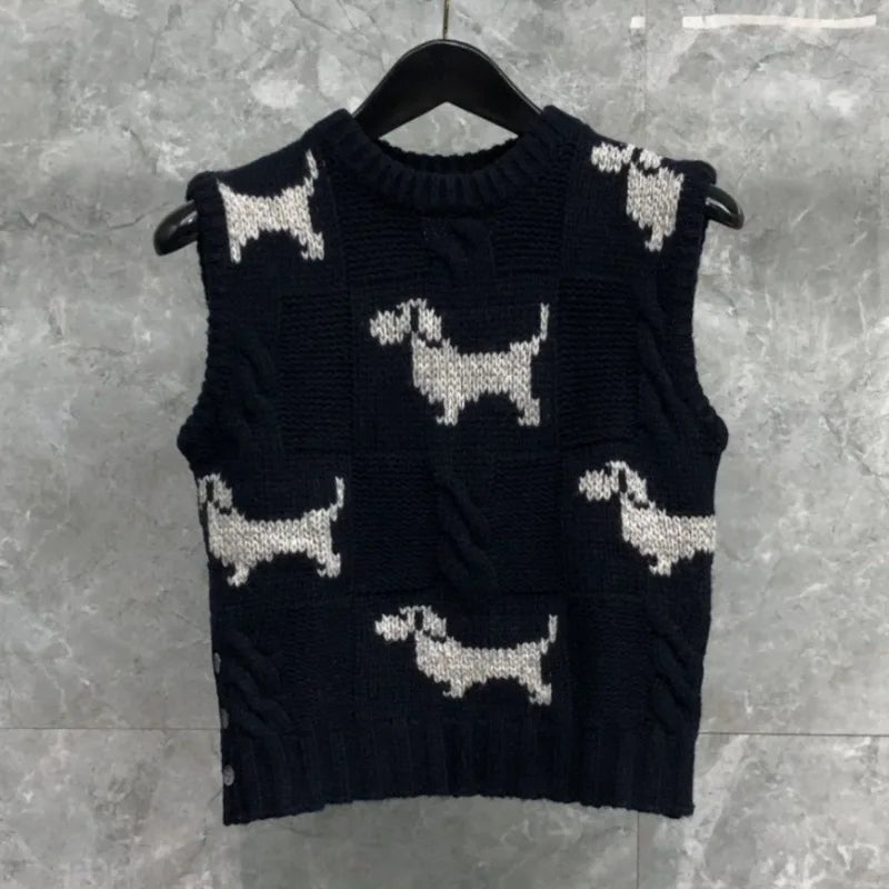 Autumn New Women's Clothing Korean Wear Lazy Wind Soft Waxy Gentle Atmosphere Contrasting Color Puppy Knitted Vest