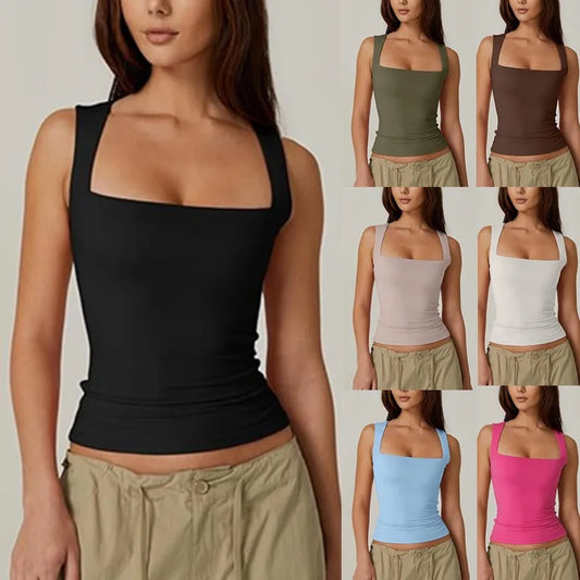 2024 Seaside Vacation Summer New Solid Color Women's Square Neck Sleeveless Double Layer Tank Top Basic Tight T-shirt for Women