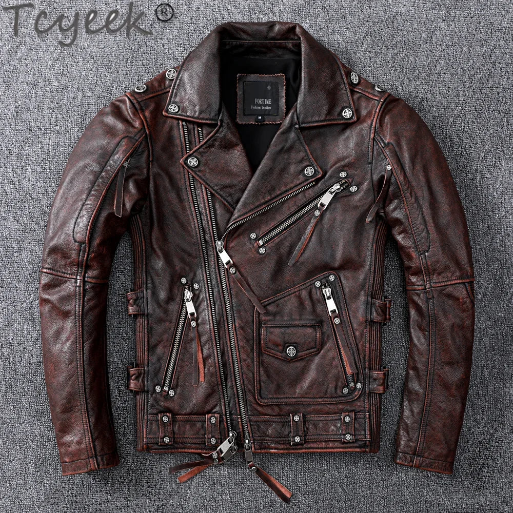 Tcyeek Streetwear Natural Real Cow Leather Coat Men Clothes 2024 Motorcycle 100% Genuine Leather Jacket Man Hommes Veste 1928