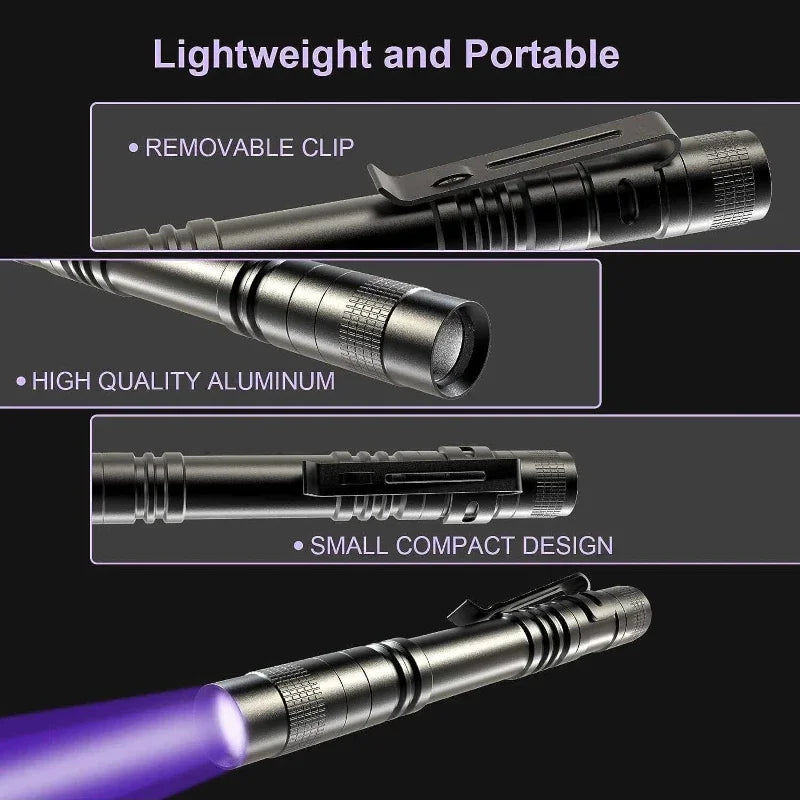 UV Flashlight 365nm Ultraviolet Torch With Pen Clip Portable AAA Batteries Used Violet Light Pet Urine Scorpion Detector UV Lamp