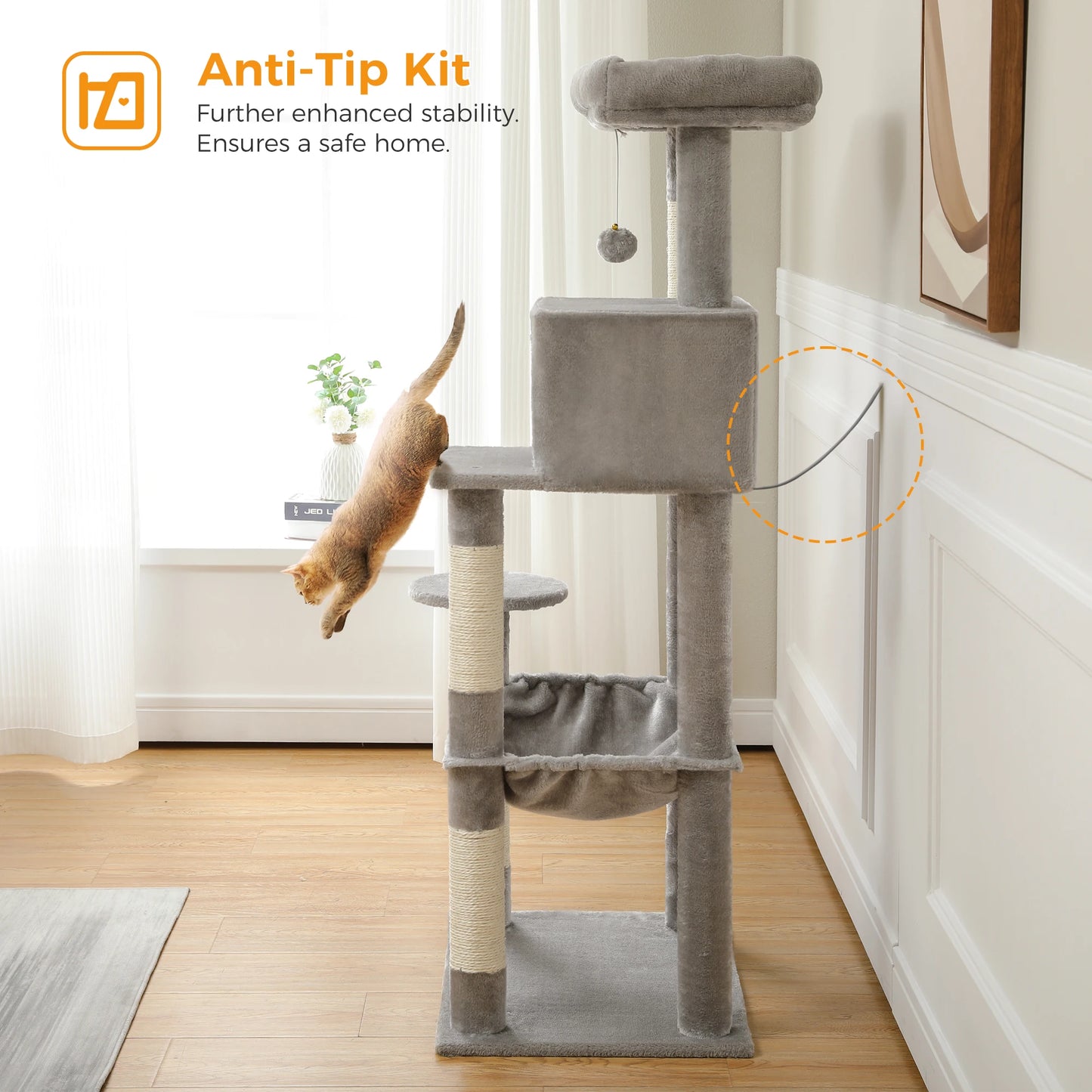 Cat Tree for Indoor Cats 5-Level Cat Tower for Large Cats with Large Hammock Sisal Covered Scratching Posts Cozy Condo Top Perch