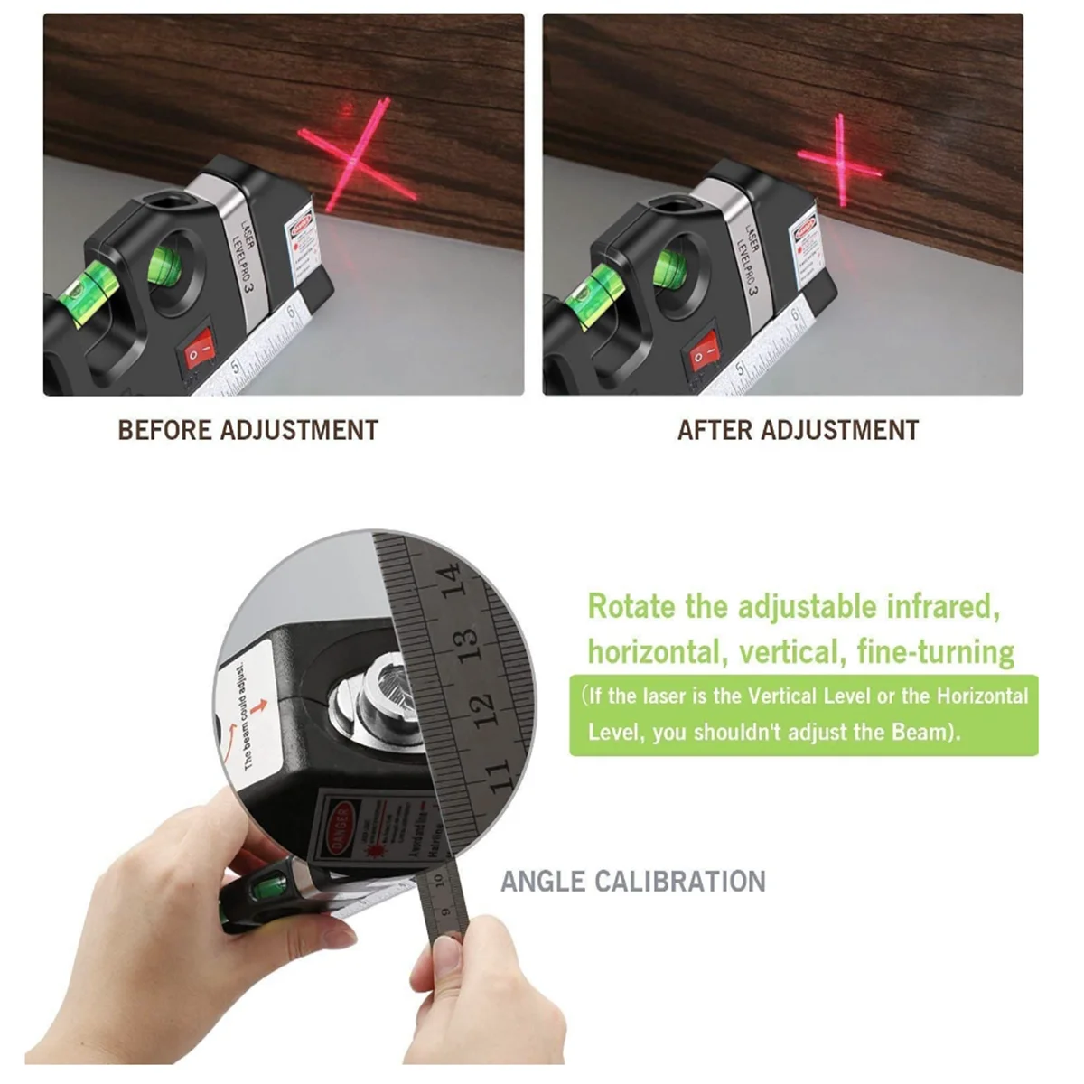 Laser Level Multipurpose Line Laser Leveler Tool Cross Line Lasers With 8FT 2.5M Standard Measure Tape and Metric Rulers