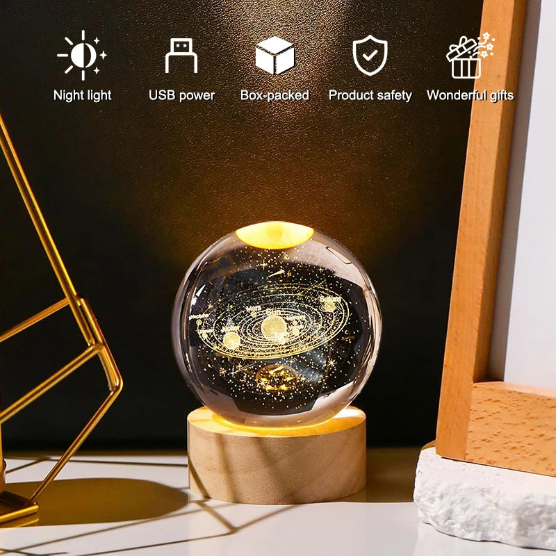 Luminous Crystal Ball LED Night Light Saturn Solar System 3D Moon Table Lamp USB Bedroom Atmosphere Lamp for Birthday Kid Gift