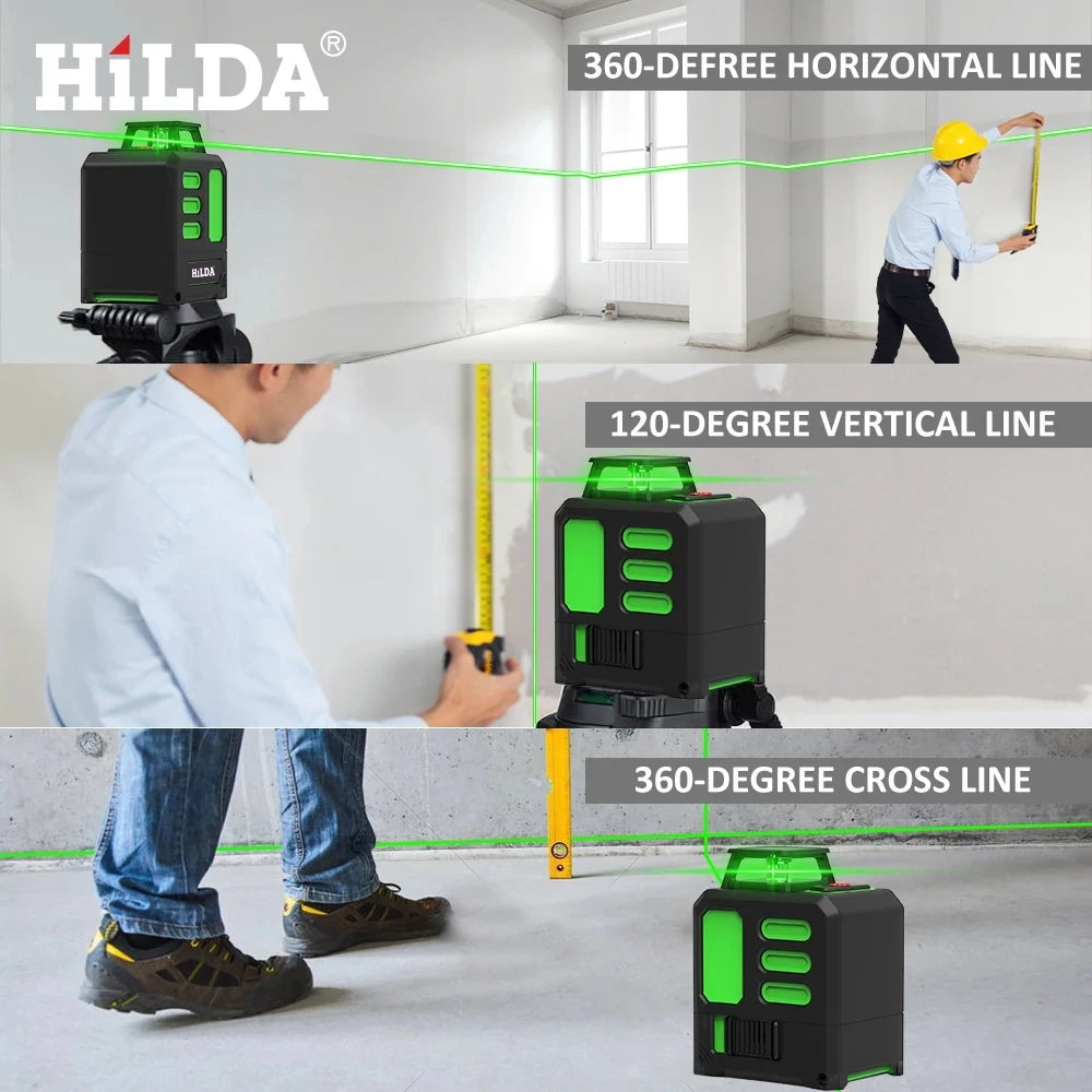 HILDA 360 Automatic Leveling Level Construction Tool Equipment Green Light Cross Laser Level