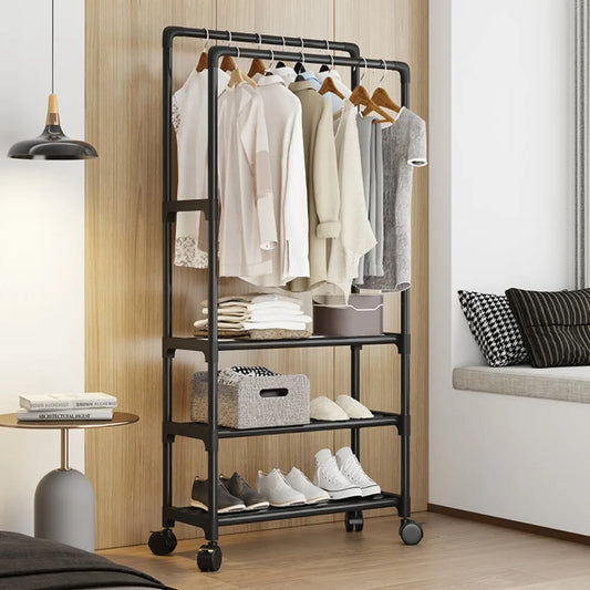 Floor Standing Coat Rack Dual Pole Clothes Hanger Strong Load-bearing Capacity Simply Multi-storey Wardrobe Movable Coat Rack