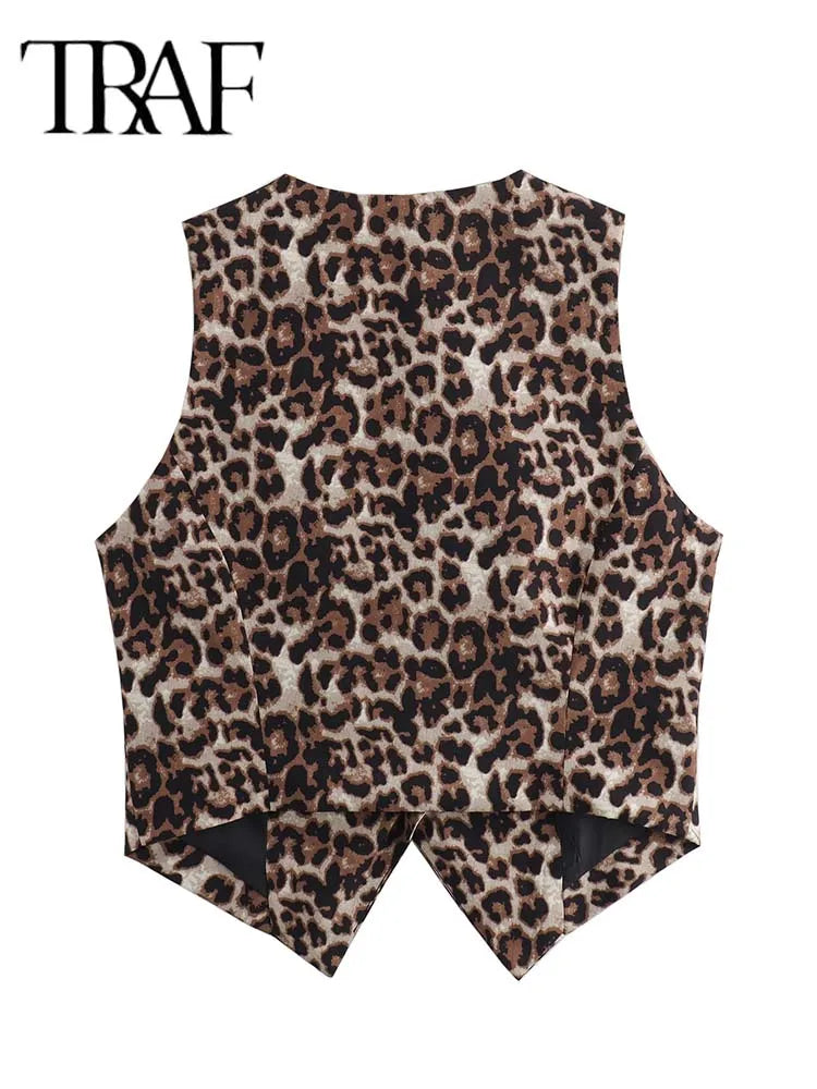 TRAF Women's Vest 2024 Fashion Leopard Summer V-Neck Single-breasted Vest Top Ladies Casual Cropped Sleeveless Coat New In Vests