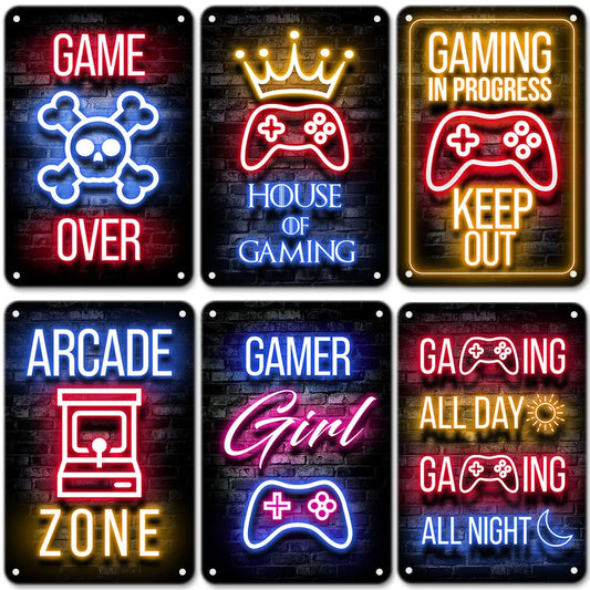 Neon Gaming Gamer Poster Vintage Metal Tin Signs Sleep Game Retro Metal Plaque Wall Art Decor for Boys Girls Playroom Home