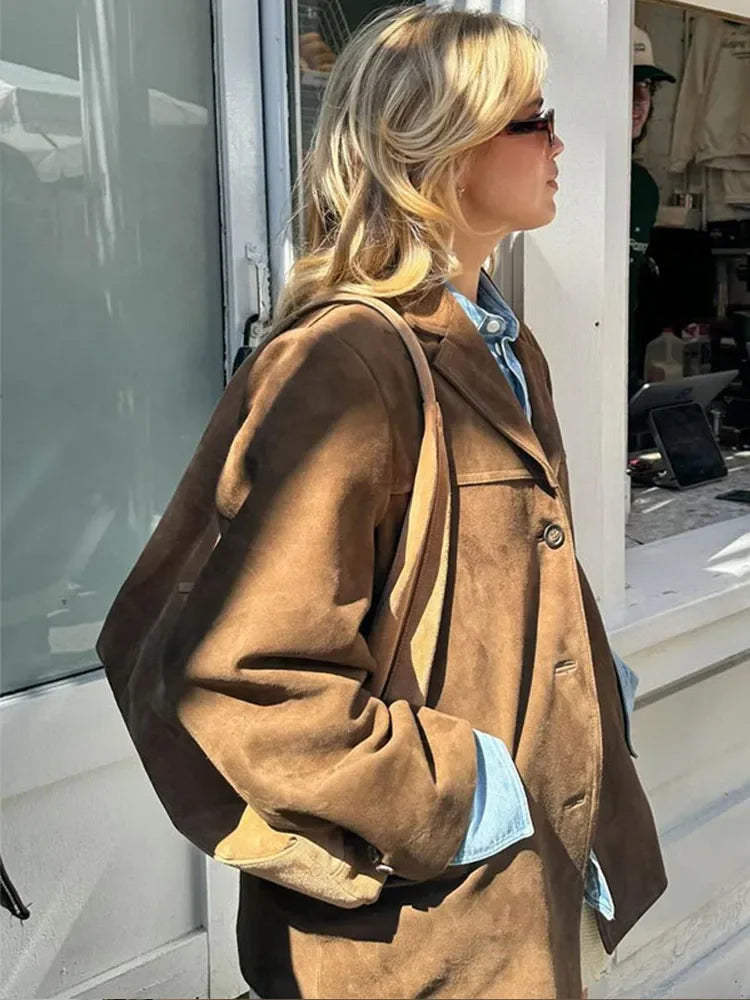 Women Chic Brown Casual Suede Jackets Lapel Long Sleeve Single Breasted Pockets Coats Autumn Solid Office Lady Commuting Tops