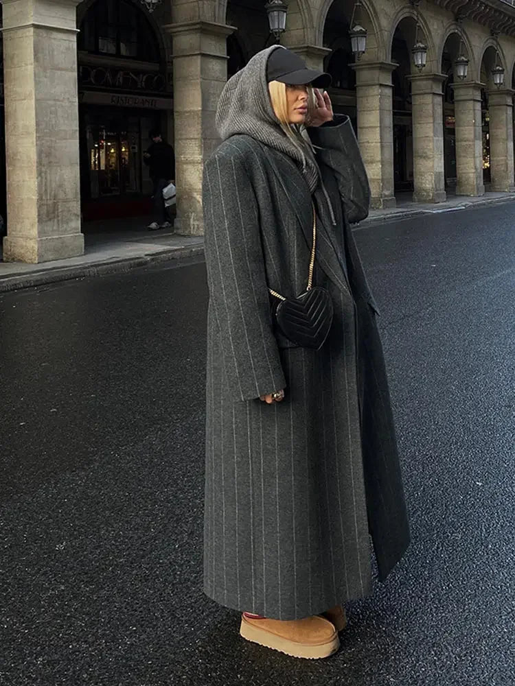 Women Dark Grey Stripe Wool Blends Overcoat Fashion Lapel Long Sleeve Loose Long Jacket Autumn Winter Lady New Street Outerwears